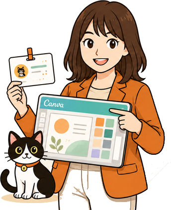 名札とCanvaの画面を持つちゃげしずと、猫のイラスト